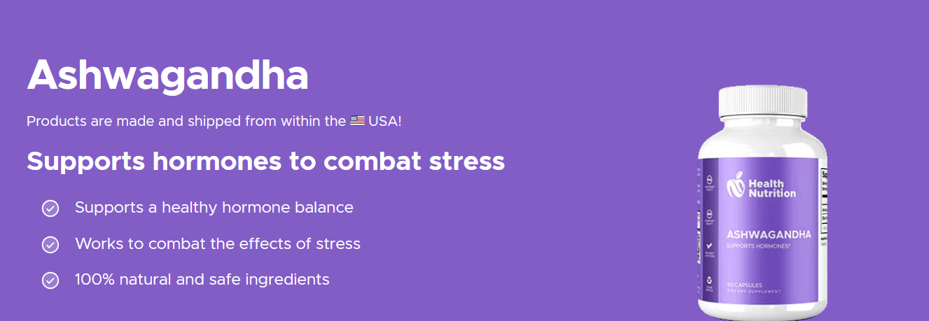 A purple product advertisement for Ashwagandha dietary supplement with white and purple bottle on right, text on left highlighting benefits like supporting hormone balance and combating stress, with additional details about ingredients and shipping from the USA.