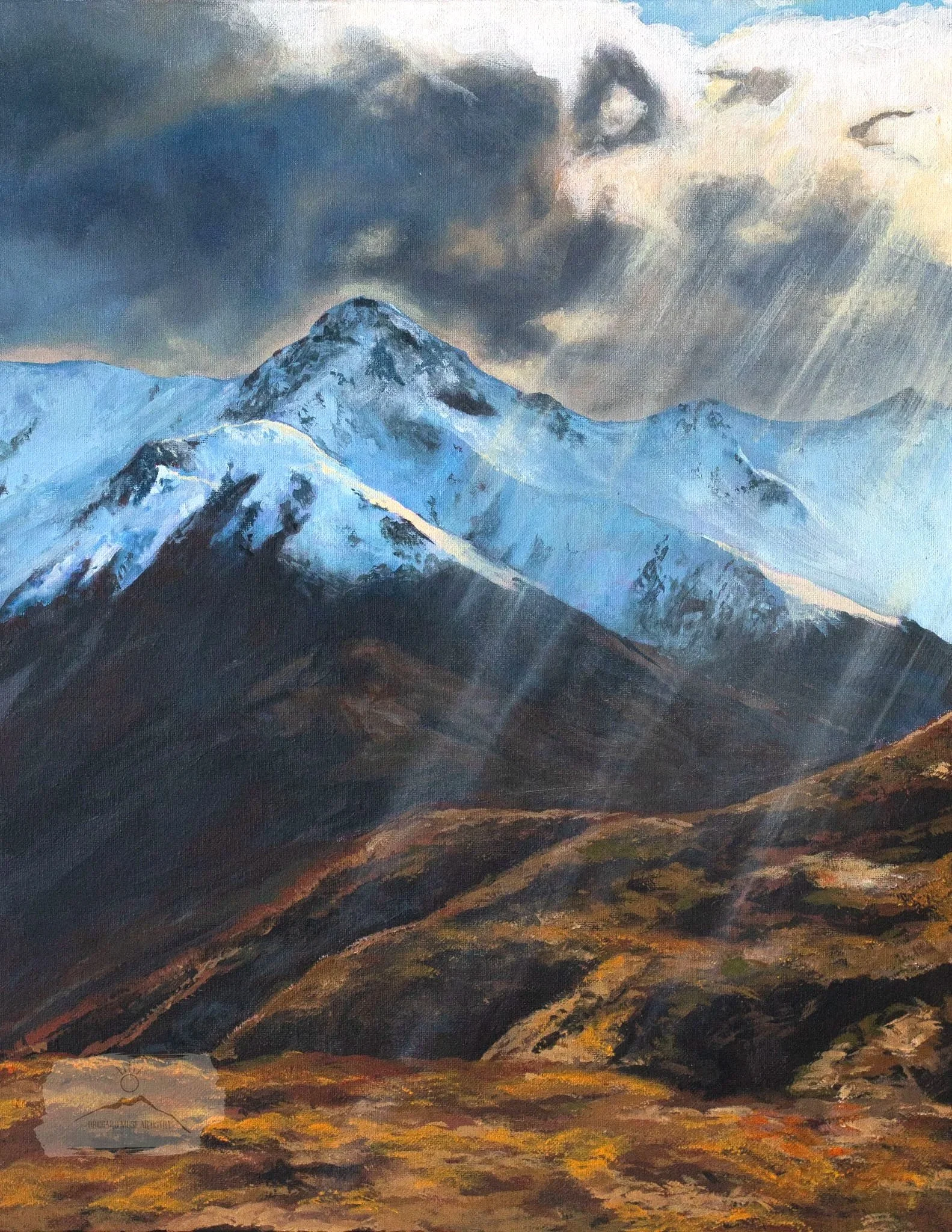 Acrylic painting of snow-capped Alaska mountain peaks under a cloudy sky with sunlight rays breaking through.