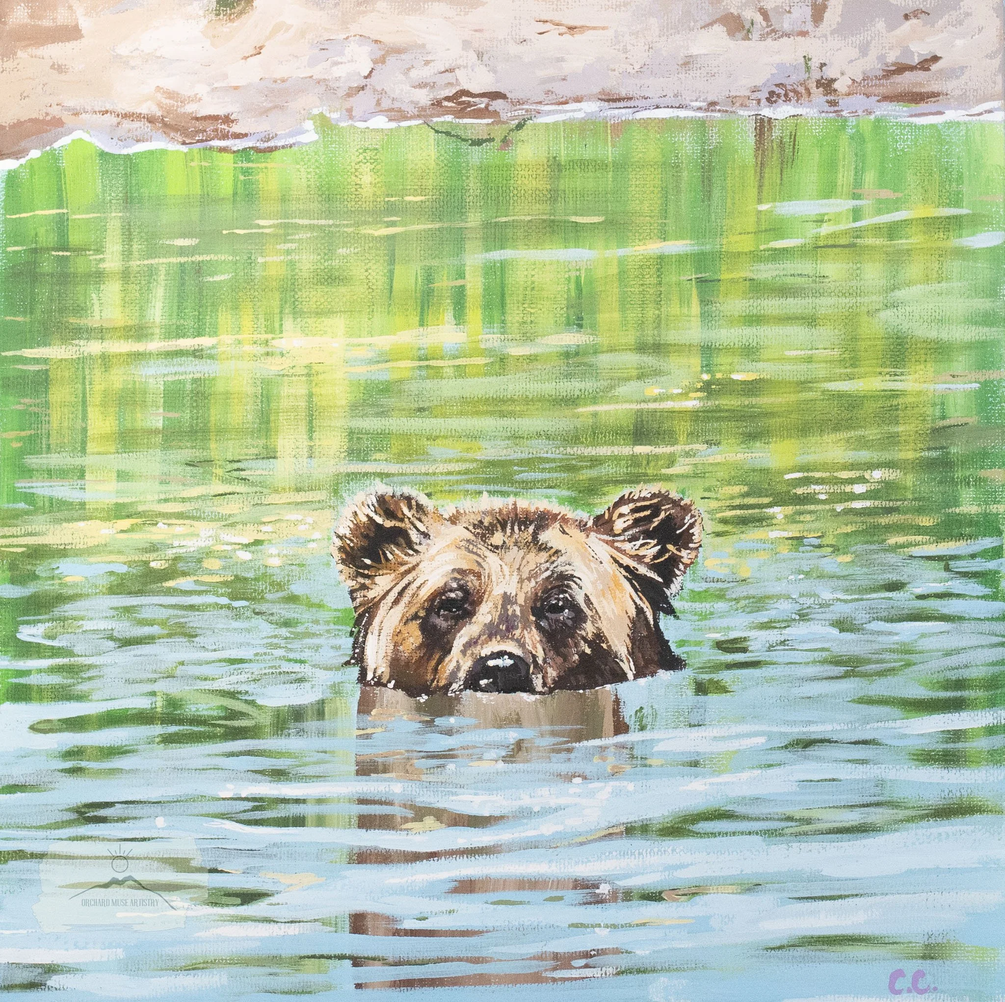 Painting of a Alaskan brown bear swimming in a green and blue pond with green grass and brown soil in the background.
