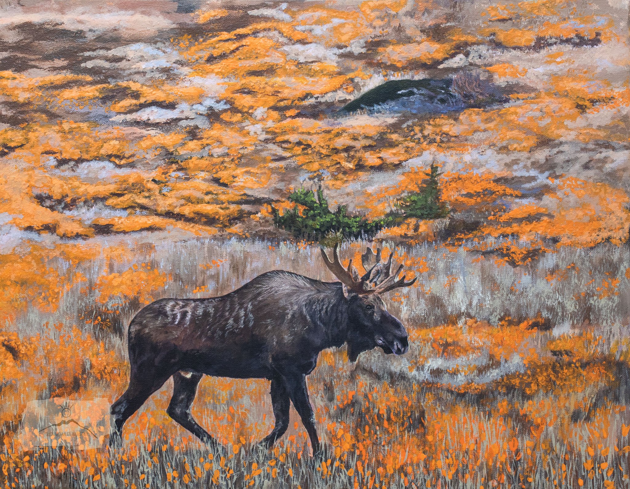 Painting of Alaskan moose with large antlers in a fall landscape with orange trees and a mountain in the background.