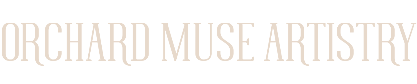 Orchard Muse Artistry logo with black background and white text.