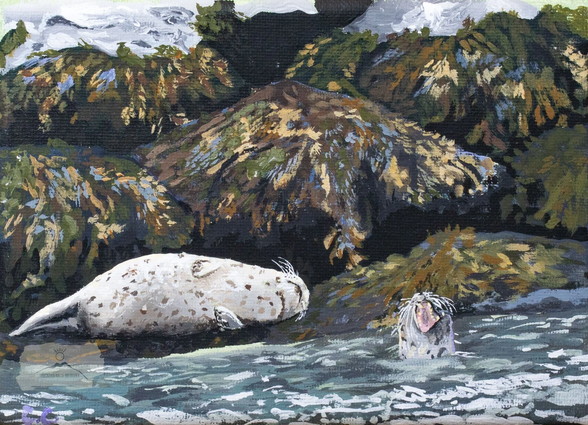 painting of two Alaskan seals in a river, with their heads above the water. One seal is lying on a rock and appears asleep, while the other is yawning or vocalizing with its mouth open. In the background, there are rocky formations and green foliage.
