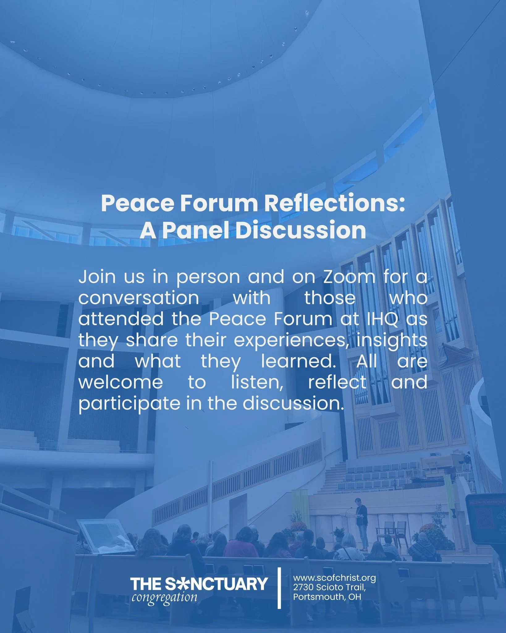 Join us Sunday, Oct. 25, at 5:30 p.m. for a panel discussion featuring those who attended the Peace Forum at IHQ. Come hear their experiences, reflections and insights as we share what we learned and continue the conversation about peace.

📍 In pers