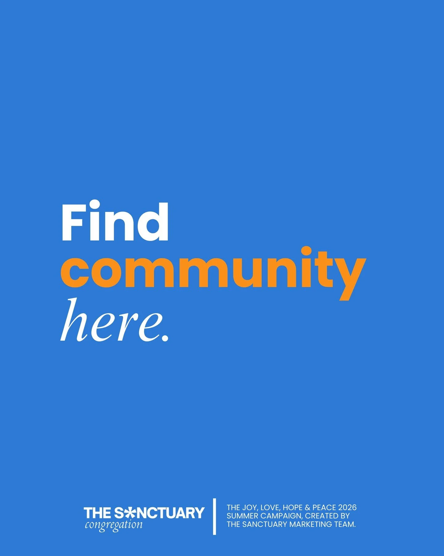 Find community here.

At Sanctuary, church is more than a place to attend &mdash; it&rsquo;s a place to belong. Whether you&rsquo;re searching for encouragement, friendship, faith, or simply a place to be welcomed, there&rsquo;s a seat for you here.
