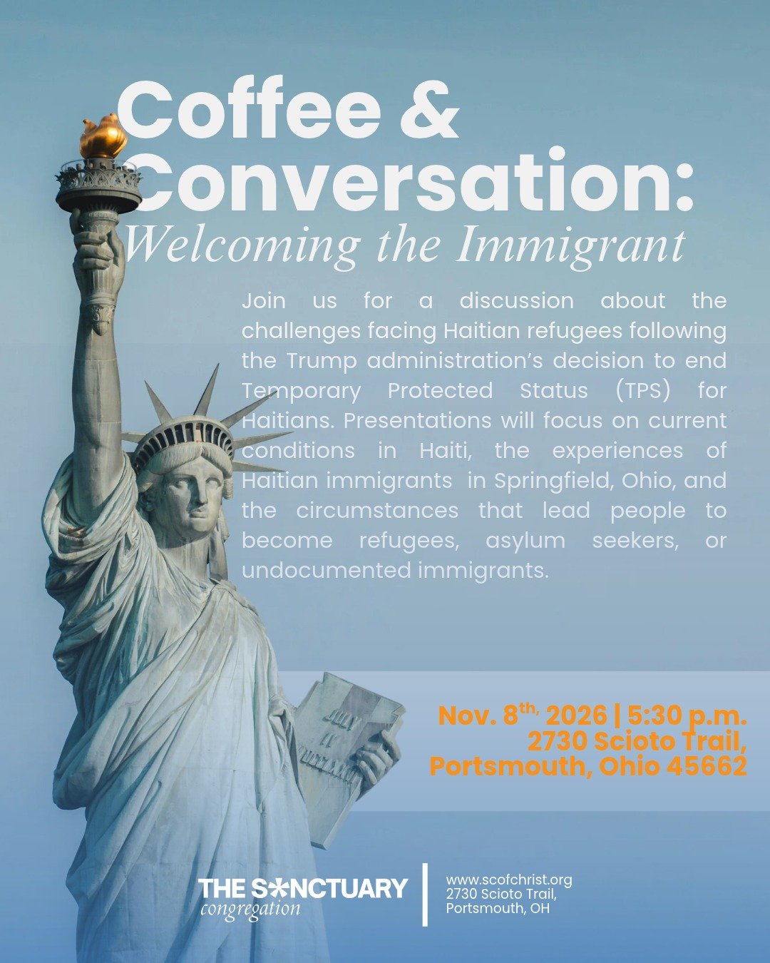 Coffee &amp; Conversation: Immigrants in Our
Midwest | Nov. 8, 2026 @ 5:30 p.m.

Join us and bring a friend. For more information, go to
www.scofchrist.org/calendar - We also encourage you
to share this post!