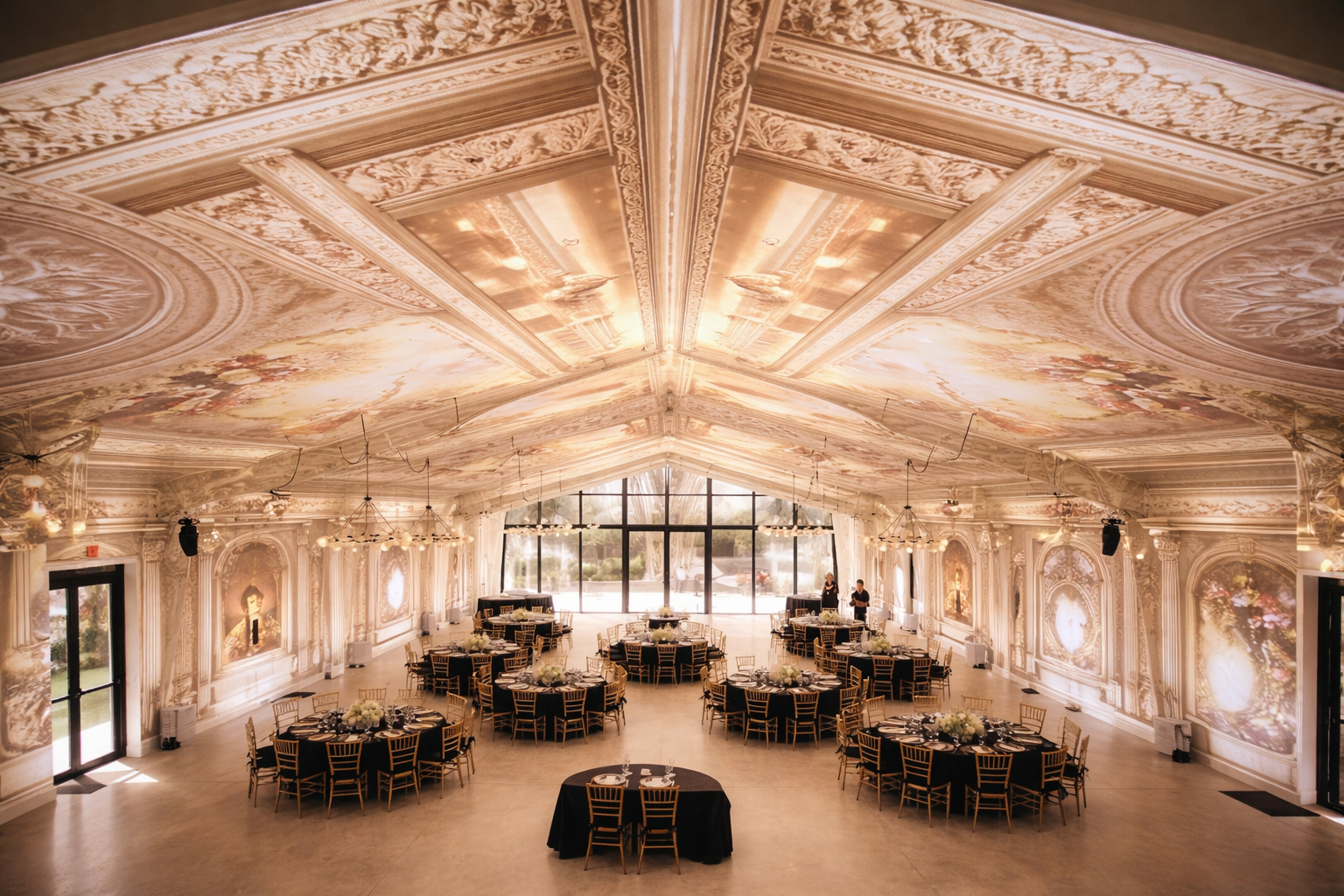 Elegant banquet hall with ornate ceiling murals, round tables with black tablecloths, gold chairs, and floral centerpieces, large windows and chandeliers.