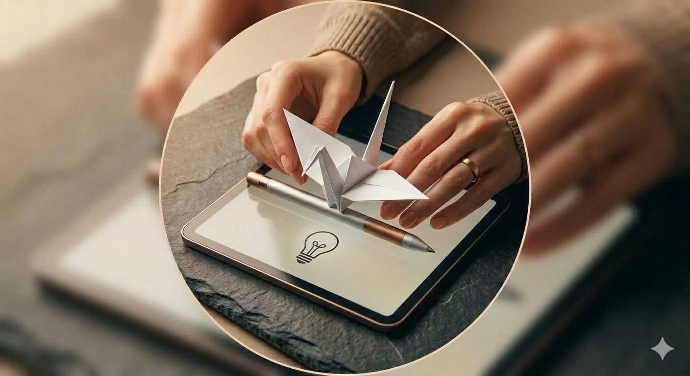 An individual holding a paper crane bird over a tablet who has a light bulb on the screen