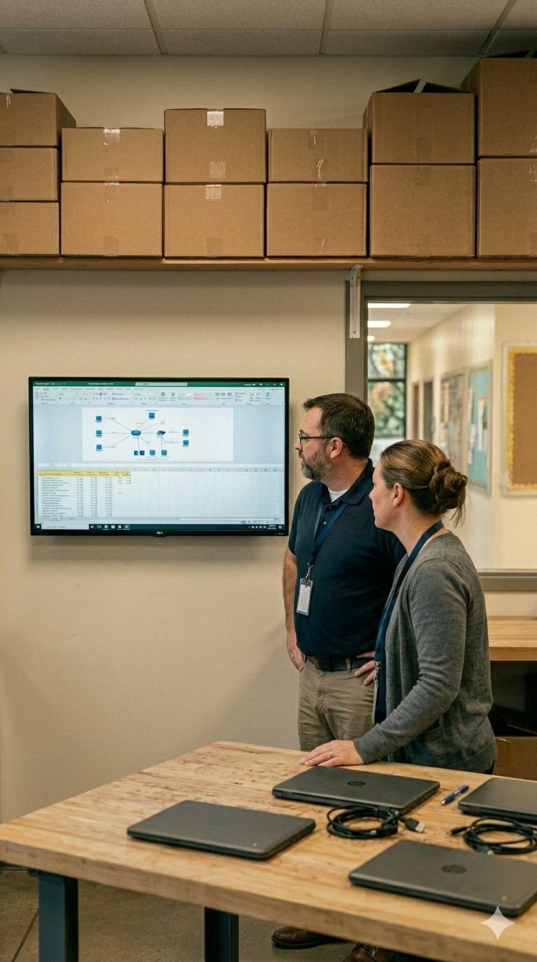 Two professionals looking at a tv with a network diagram and asset inventory - ai generated