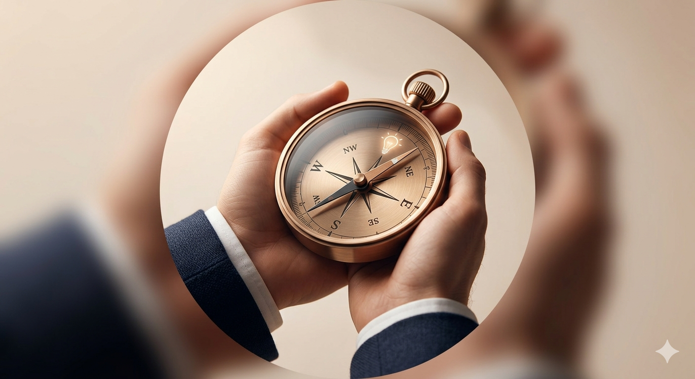 A person holding a bronze compass that has a small yellow lightbulb on the face