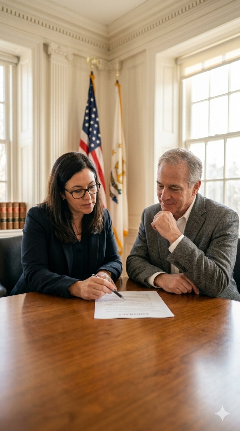 Two professionals overlooking a contract in a conference room with state flags in the background - ai generated
