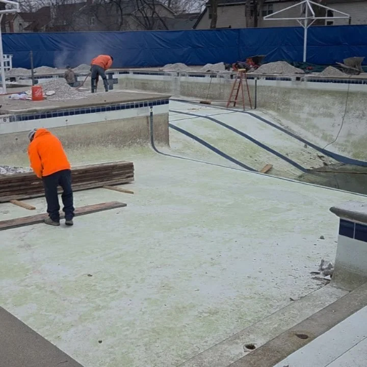 Concrete demo and pipe testing at the start of our new rehabilitation project. New skimmers, concrete, piping, plaster and tile to follow. Work must be complete before Memorial day. #swimmingpool #aquatics #waterpark #swimming #splashpad