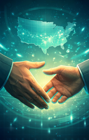 Two hands reaching toward each other against a digital map backdrop in teal light, symbolizing collaboration, partnership, and cooperative frameworks within the New Hampshire Green Innovation Corridor.