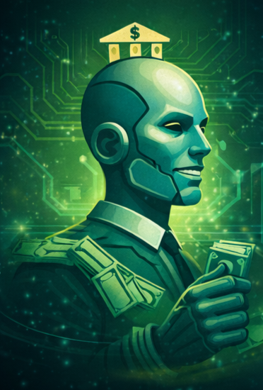 Stylized futuristic illustration of a powerful figure holding currency with digital circuitry and institutional symbols, representing concentrated capital and oligarchic influence within modern economic systems.