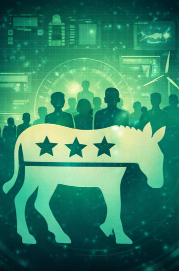 Symbolic illustration of a donkey with three stars surrounded by a diverse crowd and digital data patterns, representing Democratic Party values of collective governance, public participation, and social systems.