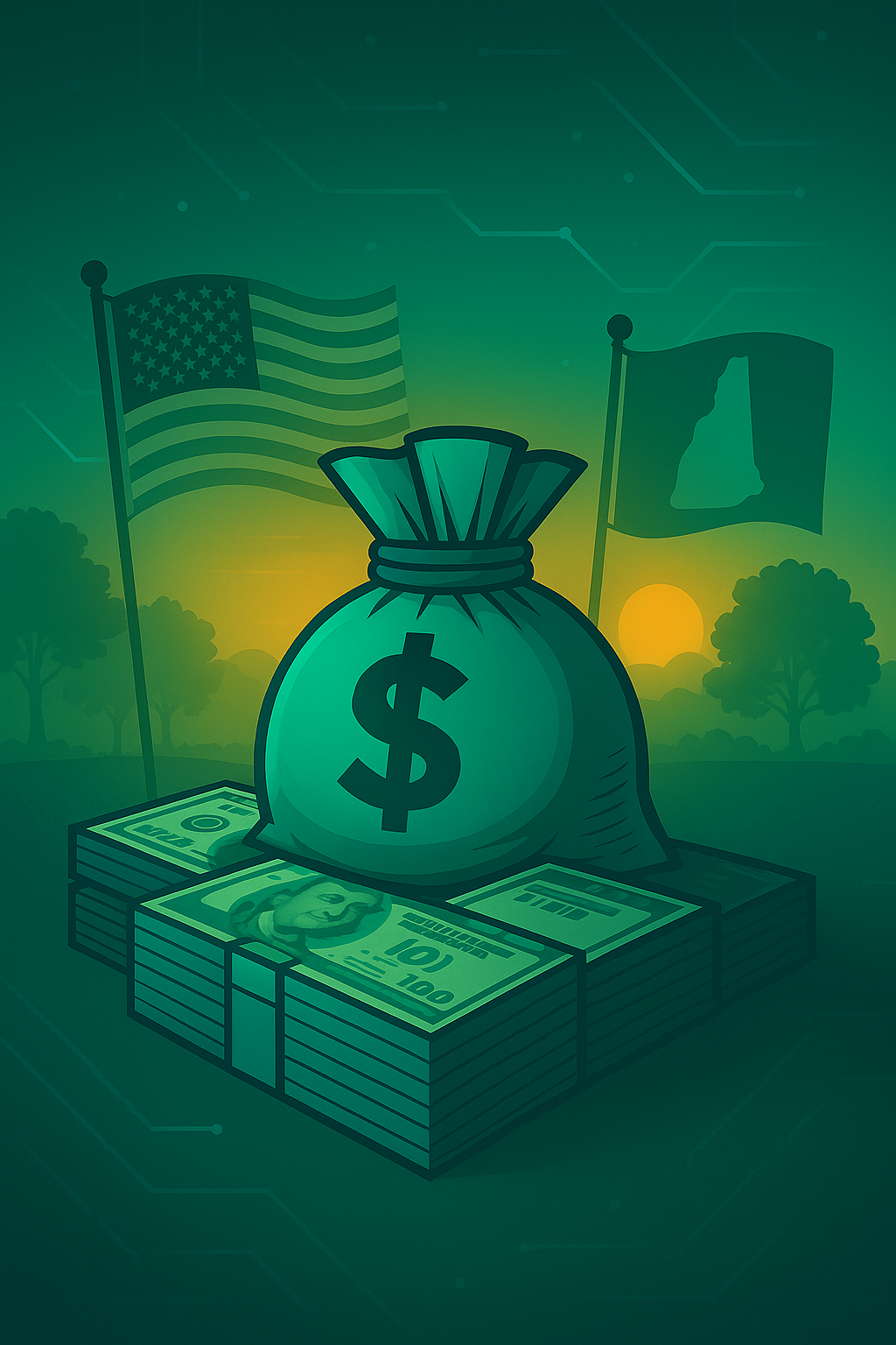 Cinematic teal and amber illustration of federal and partner-state funding represented by glowing flags and stacked resources with subtle circuitry patterns.
