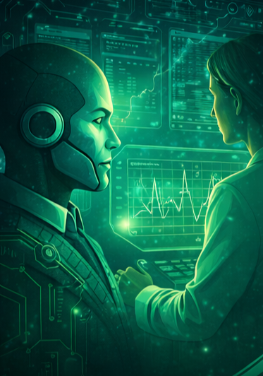 A human researcher and an artificial intelligence system facing each other in a data-rich environment, representing ethical AI research, systems analysis, and collaboration at KinByte Labs.