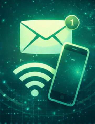 Communication icons illuminated within a digital network, representing mailing list updates and ongoing information about KinByte Books releases and progress.