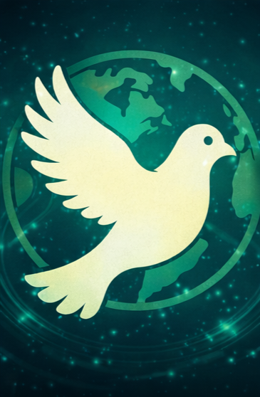A white dove flying in front of a globe rendered in teal light, symbolizing political independence, neutrality, and a balanced global perspective outside traditional party structures.