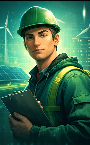 A confident worker holding a clipboard in a renewable energy setting with wind turbines and solar panels, representing workforce opportunities to work, train, and build within the New Hampshire Green Innovation Corridor.