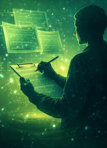 A small group of readers connected through light and data elements, symbolizing beta readers providing early feedback on developing KinByte Books projects.