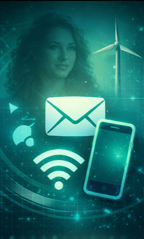 Digital communication symbols including an email envelope, smartphone, and wireless signal glowing in teal light, representing staying connected to updates and information from the New Hampshire Green Innovation Corridor.