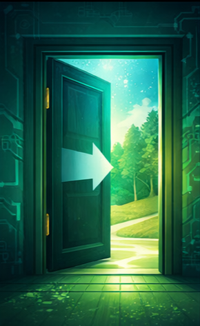An open doorway with an arrow leading into a green landscape, rendered in teal light, symbolizing organizations entering and participating in the New Hampshire Green Innovation Corridor.