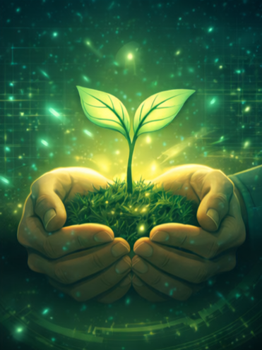 Hands meeting within a glowing digital environment, symbolizing support for creative development and independent publishing through KinByte Books.