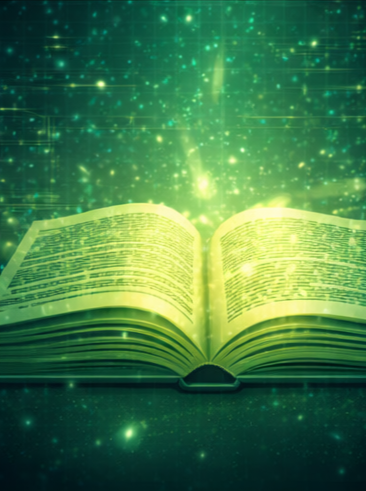 A small group of readers connected through light and data elements, symbolizing beta readers providing early feedback on developing KinByte Books projects.