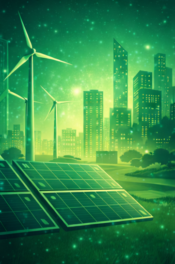 Solar panels and wind turbines in the foreground with a sustainable city skyline in the background, symbolizing renewable energy, clean infrastructure, and the New Hampshire Green Innovation Corridor.