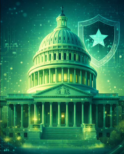 A government capitol building illuminated in teal light with digital governance symbols, representing public institutions, trust, and governance stability within the New Hampshire Green Innovation Corridor.