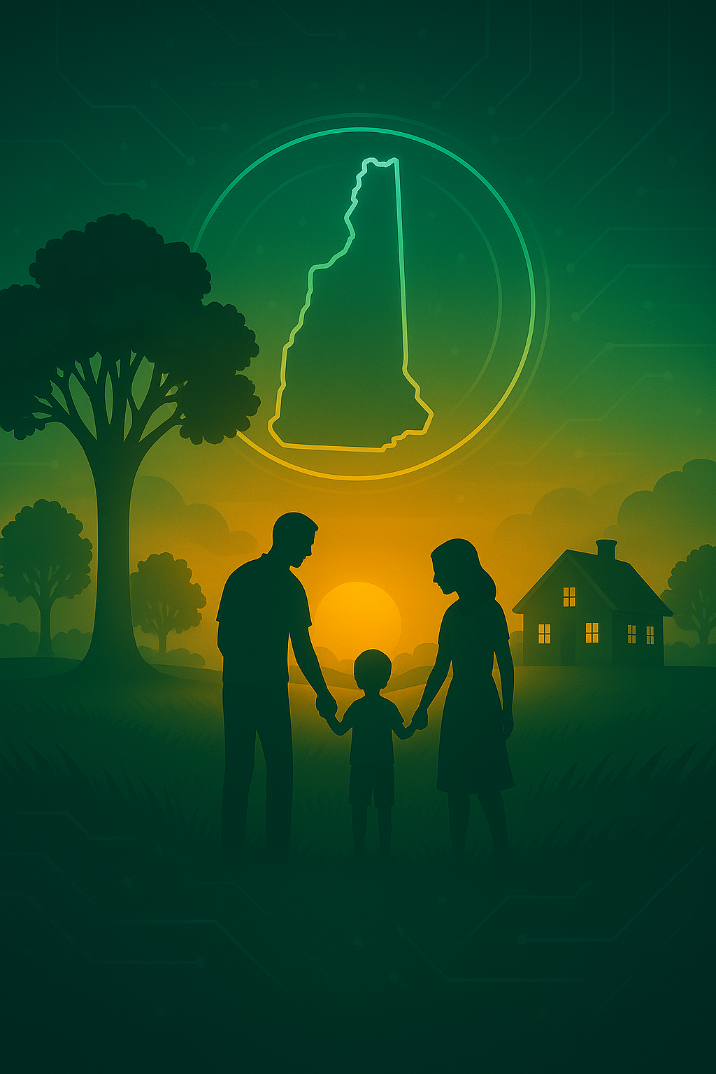 Futuristic teal and amber illustration of New Hampshire represented by a glowing silhouette, symbolizing 51% local ownership with subtle circuit patterns.