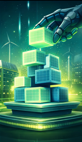 Futuristic modular building blocks stacked by a robotic hand in soft neon teal light, symbolizing long-term investment, sustainable infrastructure, and support for building the New Hampshire Green Innovation Corridor.