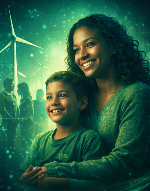 A smiling parent and child in a renewable energy setting with wind turbines and a diverse community in the background, representing people, family stability, and human-centered outcomes within the New Hampshire Green Innovation Corridor.