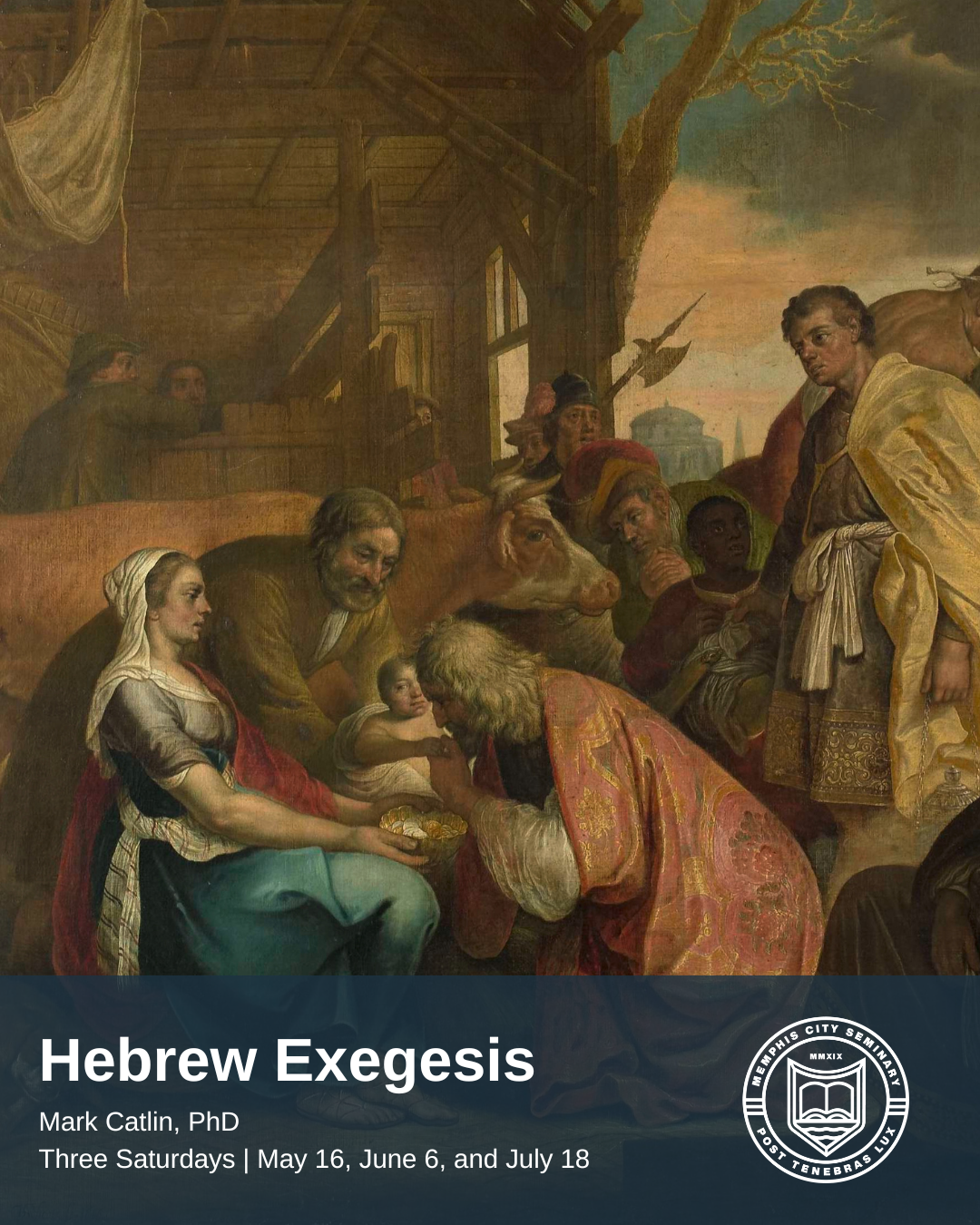 A religious scene depicting the biblical story of the adoration of the Magi, with wise men presenting gifts to baby Jesus, who is held by Mary. The setting is inside a rustic home, with a variety of characters observing the event.