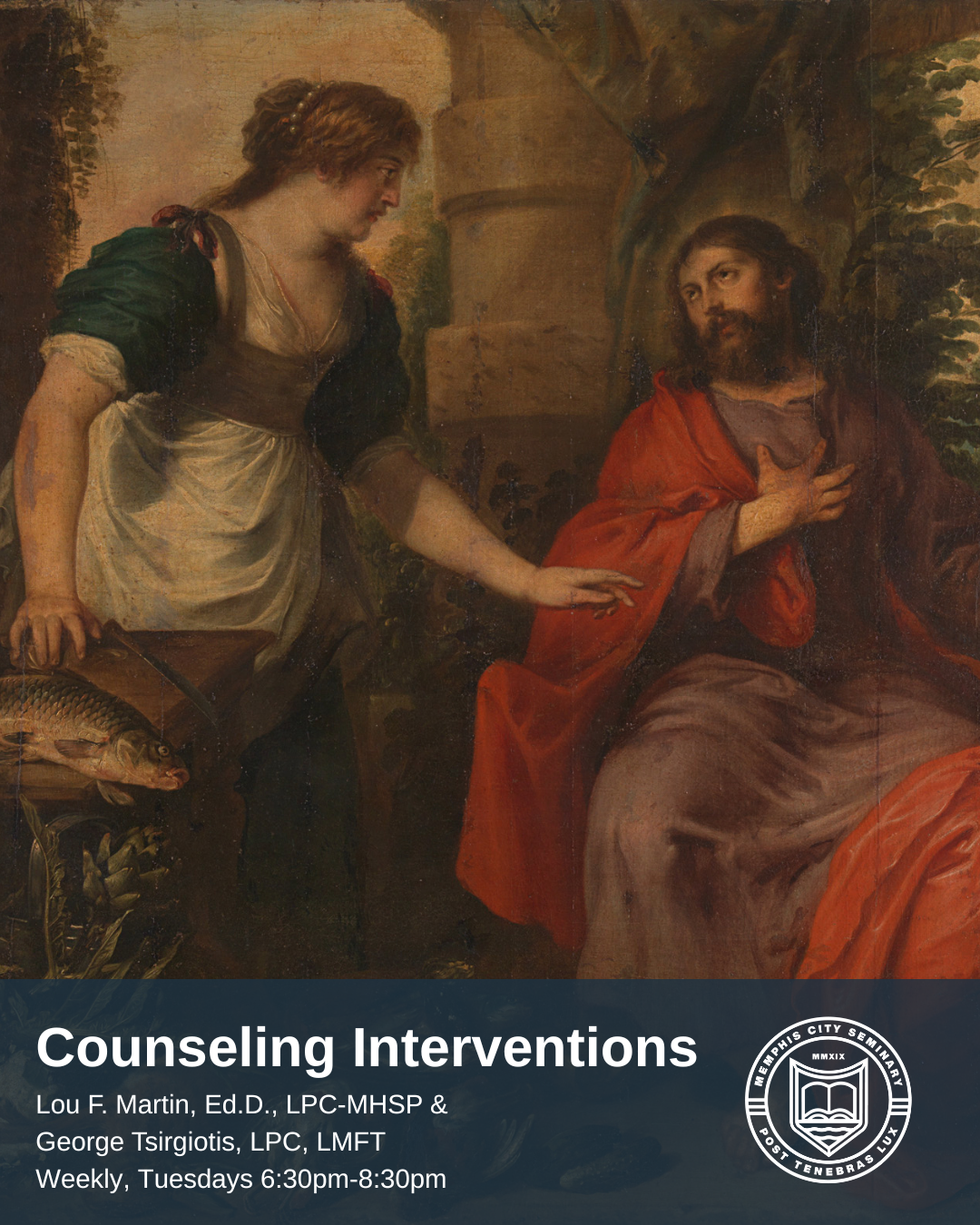 A woman offering fish to a seated man with a beard, wearing a red robe, in a classical painting style.