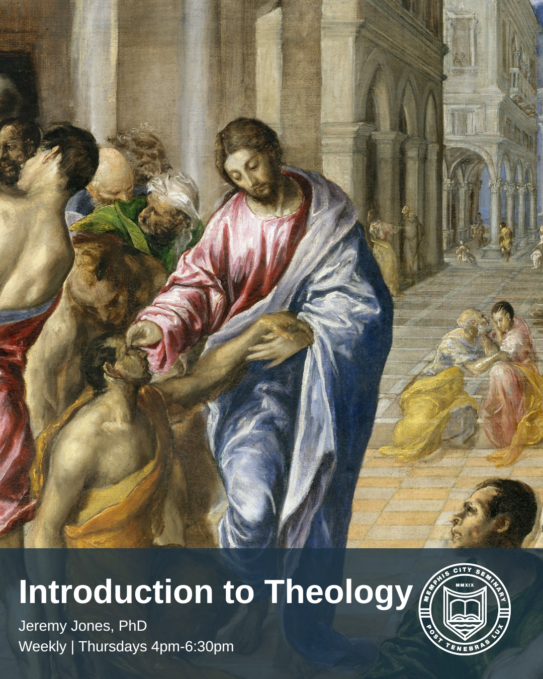 A religious scene depicting Jesus Christ healing a man in a marketplace, with several onlookers and architectural elements in the background.