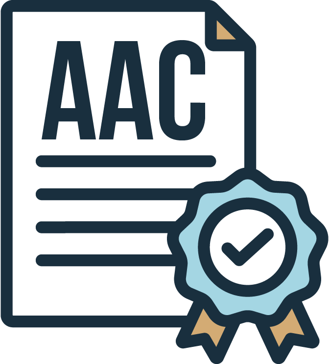 Icon of an AAC certification document with a checkmark badge.