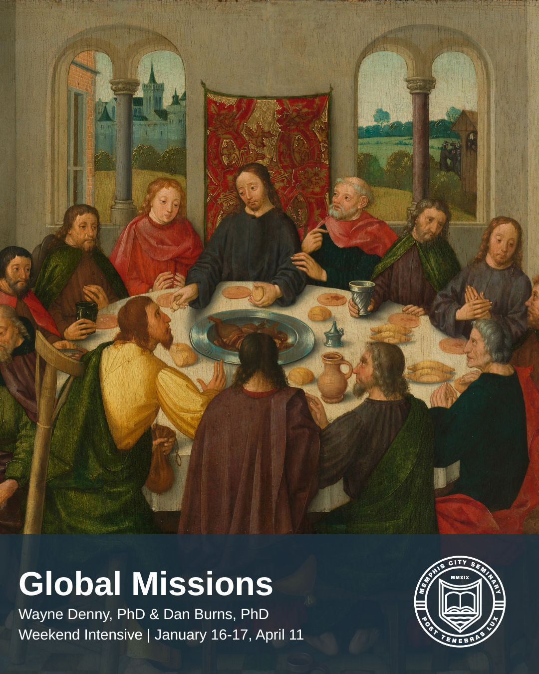 A detailed painting of the Last Supper showing Jesus Christ and his twelve apostles seated at a long table with bread, wine, and a roasted lamb, set in a room with large arched windows overlooking a landscape.