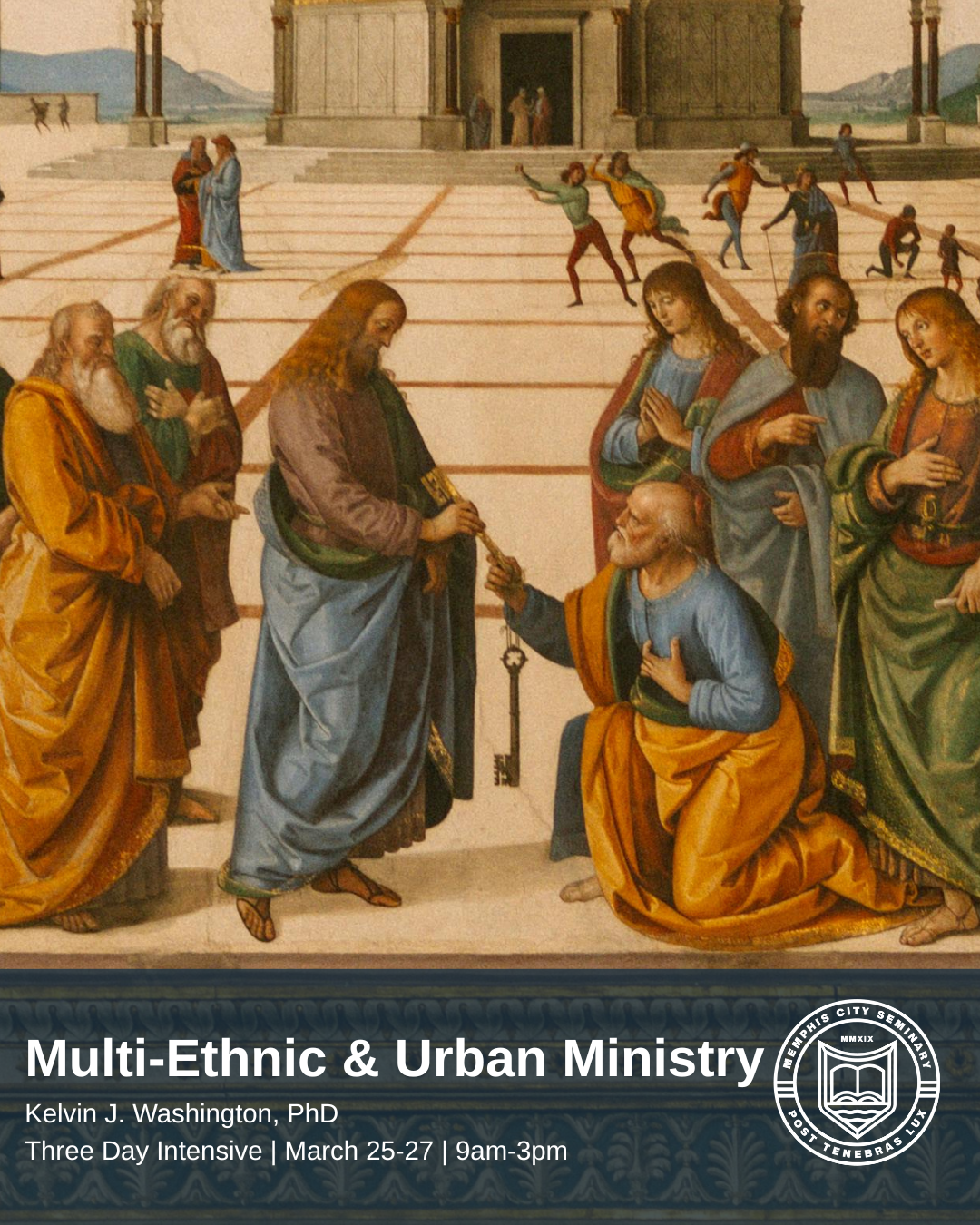 A depiction of Jesus Christ being presented with a set of keys by a kneeling man, surrounded by disciples and followers, with a classical architectural background and cityscape in the distance.