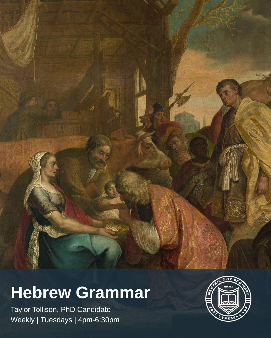 A religious painting depicting the presentation of baby Jesus at the temple, with a woman seated holding the infant and a man reverently praying over the baby, surrounded by various onlookers including children and men, in a rustic setting with a large tree in the background.