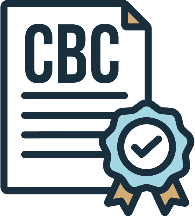Illustration of a certification document with a CBC heading and a checkmark badge.
