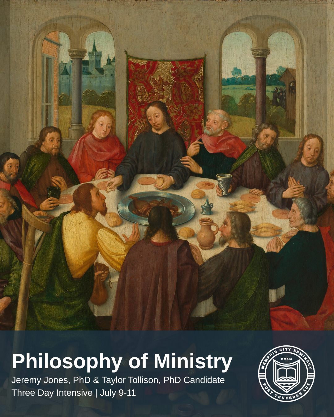 A painting depicting the scene of Jesus Christ's Last Supper with his twelve disciples, seated around a long table with bread, wine, and a roasted dish, set indoors with windows showing a landscape outside.