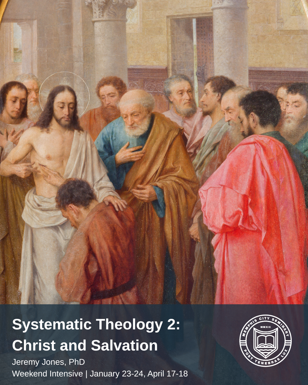 Painting of Jesus Christ being baptized, surrounded by men and women, some with halos, in a church setting.