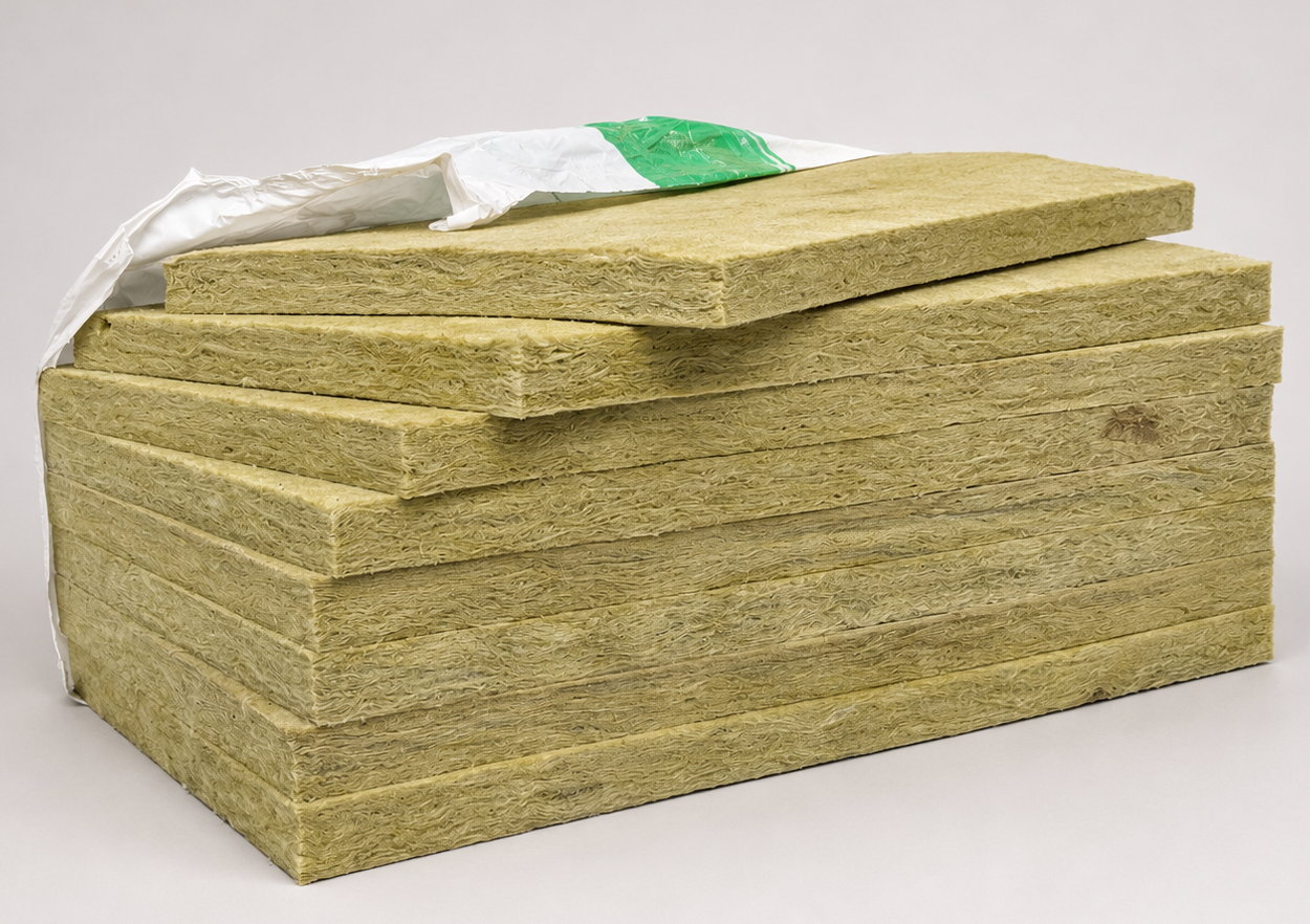 Stack of rockwool insulation boards with one partially covered by a bag, set against a plain background.
