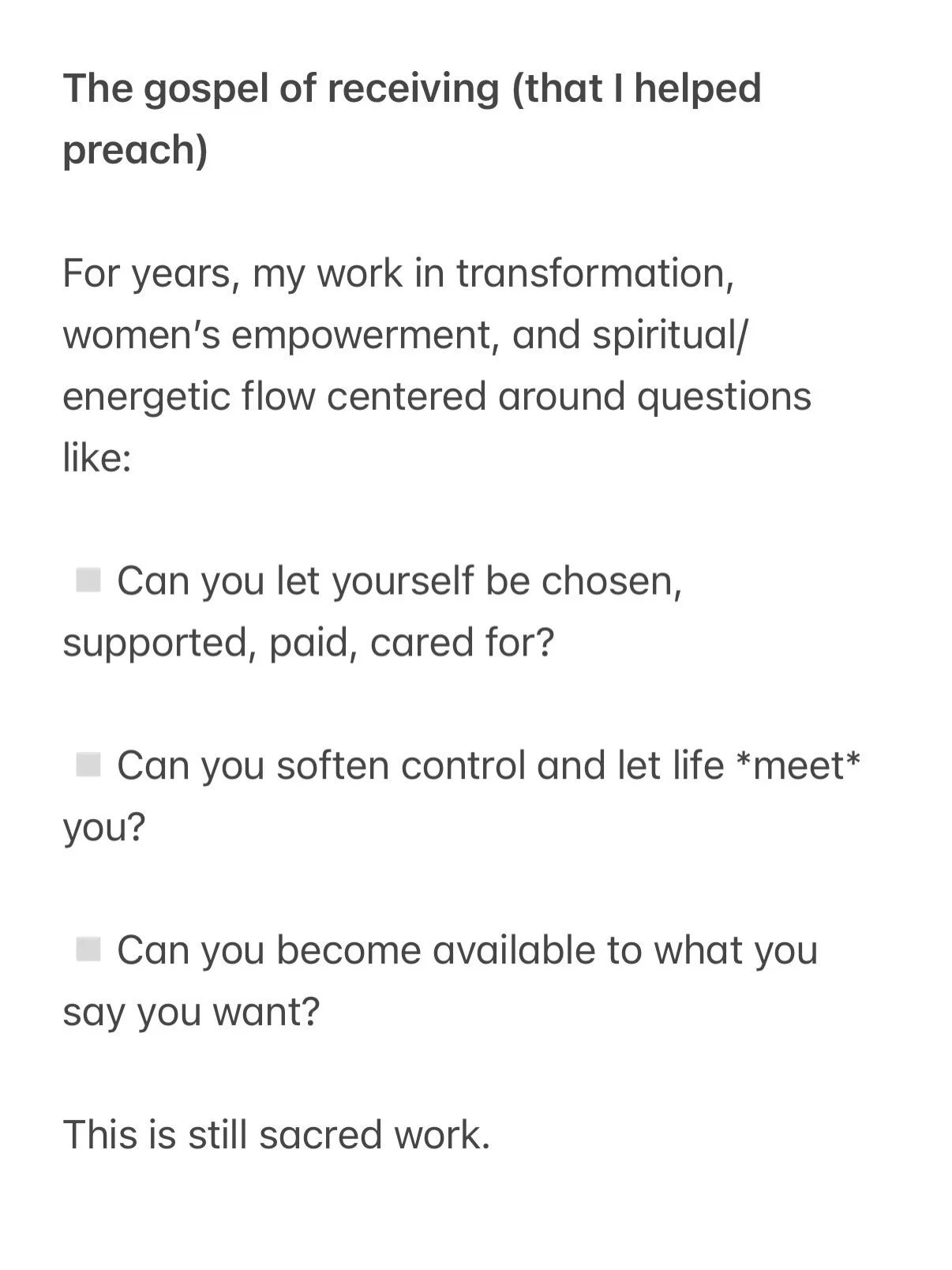 I&rsquo;ve spent more than a decade of my career teaching women the art of receiving (holla at Mynd Over Matter IYKYK). 

And I still love this work. I believe in it. I&rsquo;ve watched it change lives, bank accounts, and businesses. 

But over the l