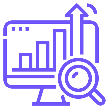 Icon of a computer monitor displaying a bar chart and an upward arrow, with a magnifying glass in front, representing data analysis, growth and optimisation.