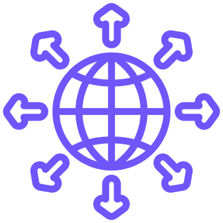 A globe surrounded by arrows pointing outward in eight directions, symbolising market expansion