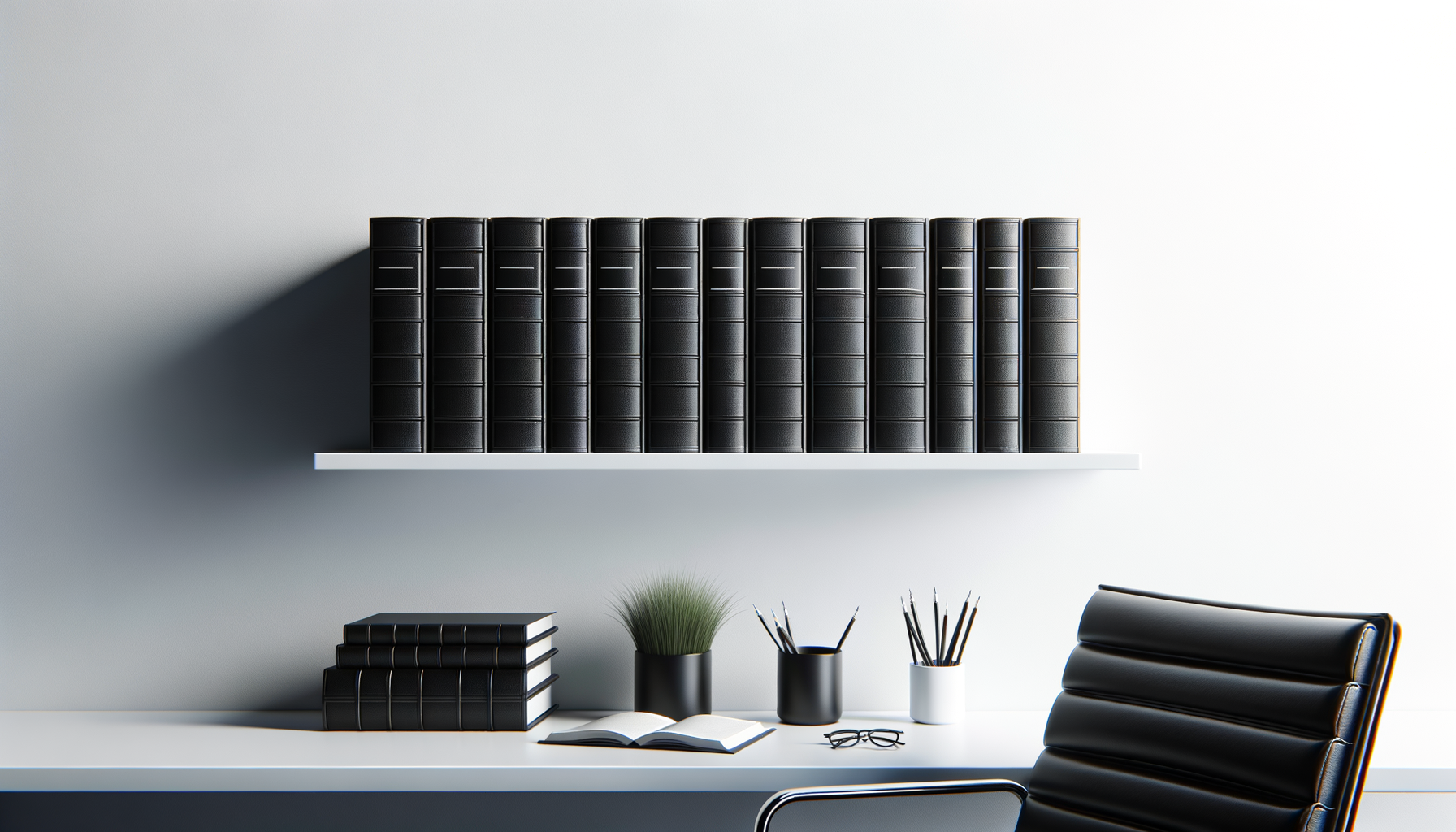 An office desk with a stack of black leather-bound books, an open notebook, a small green plant, three cups with pens, and black eyeglasses. A white shelf with black books casts a shadow on a white wall.