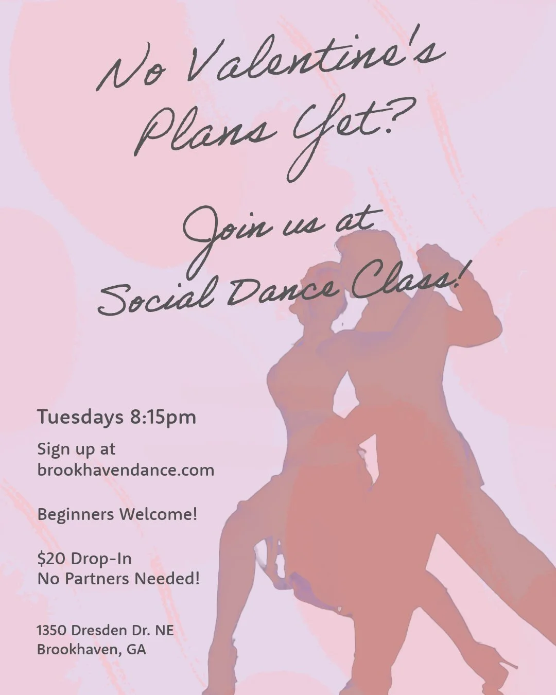 Valentine's Week plans? 💜

Skip the crowded restaurant and try something way more fun: Social Dance Class this Tuesday, Feb 10 at 8:15pm. 

Every Tuesday we explore partner dancing styles like swing, salsa, and more. 
Come with your Valentine, your 