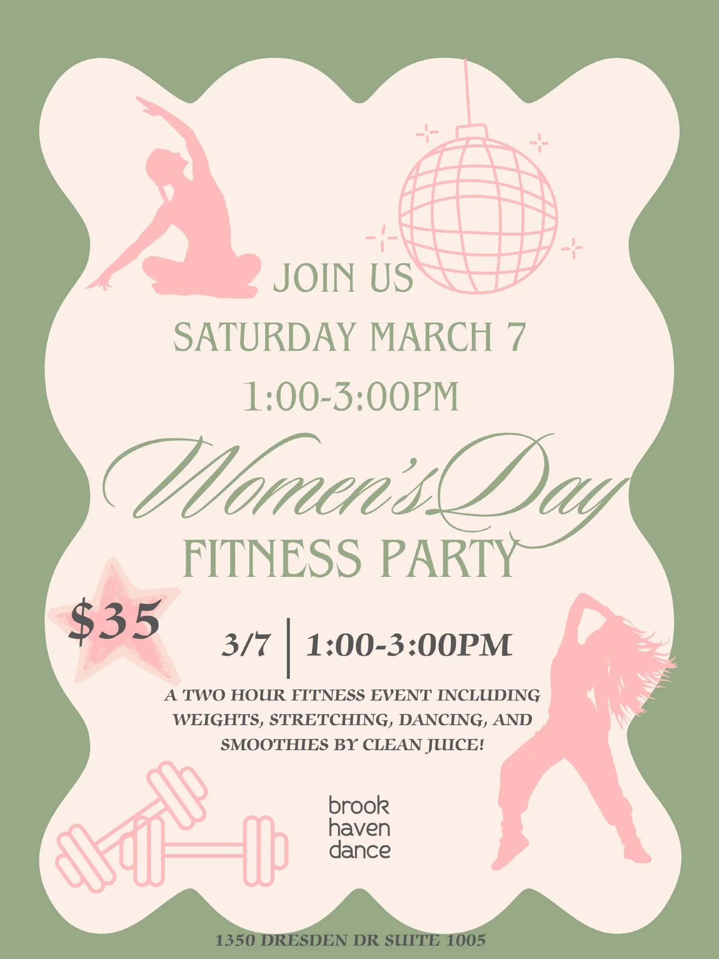 We're throwing a party and you're invited 🎉💪
Join us for our Women's Day Fitness Party on Saturday, March 7 from 1&ndash;3PM! We're talking weights, stretching, dancing, AND smoothies by Clean Juice! All for just $35.
No experience needed. Just sho